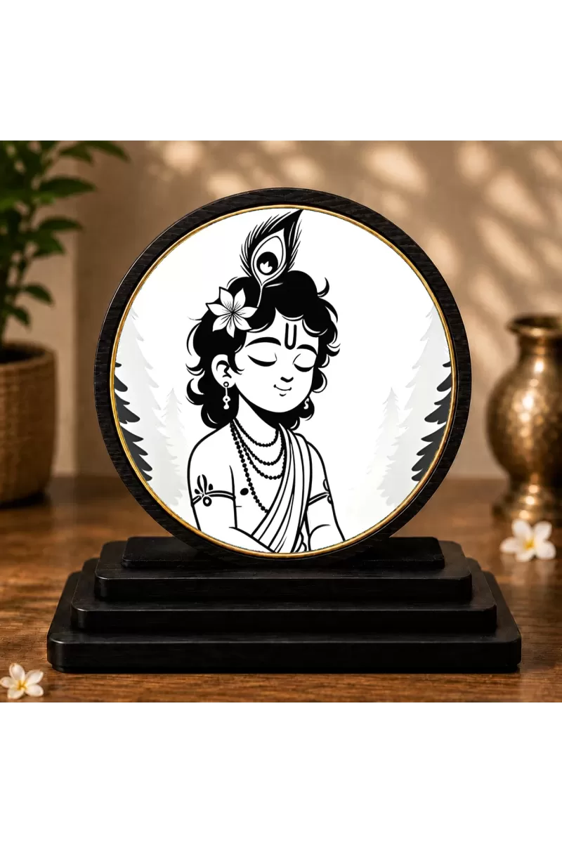 Premium Wooden Lord Krishna Showpiece For Car Dashboard & Office Table | 4 X 4.5 Inch Sublimation Printed Decorative Stand | 4 Mm MDF | Home Decor | Made In India (F33280)