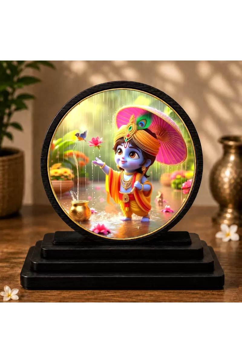 Premium Wooden  Bal Krishna Showpiece For Car Dashboard & Office Table | 4 X 4.5 Inch Sublimation Printed Decorative Stand | 4 Mm MDF | Home Decor | Made In India (F33281)
