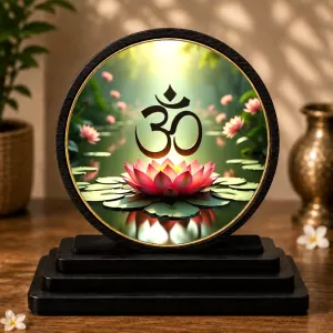 Premium Wooden  Om Symbol Showpiece For Car Dashboard & Office Table | 4 X 4.5 Inch Sublimation Printed Decorative Stand | 4 Mm MDF | Home Decor | Made In India (F33282)