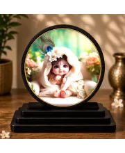 Premium Wooden  Baby Krishna Showpiece For Car Dashboard & Office Table | 4 X 4.5 Inch Sublimation Printed Decorative Stand | 4 Mm MDF | Home Decor | Made In India (F33283)
