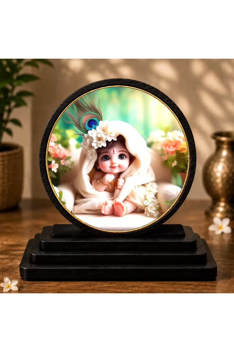 Premium Wooden  Baby Krishna Showpiece For Car Dashboard & Office Table | 4 X 4.5 Inch Sublimation Printed Decorative Stand | 4 Mm MDF | Home Decor | Made In India (F33283)