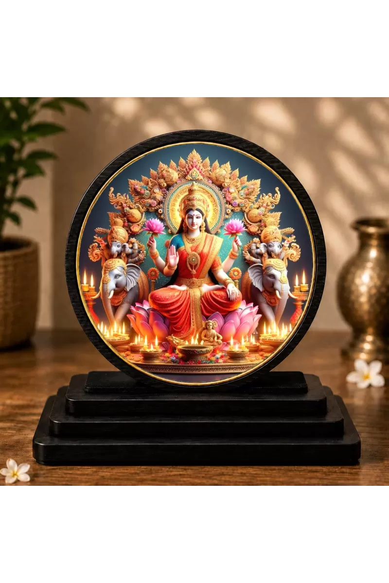 Premium Wooden Goddess Lakshmi Showpiece For Car Dashboard & Office Table | 4 X 4.5 Inch Sublimation Printed Decorative Stand | 4 Mm MDF | Home Decor | Made In India (F33284)