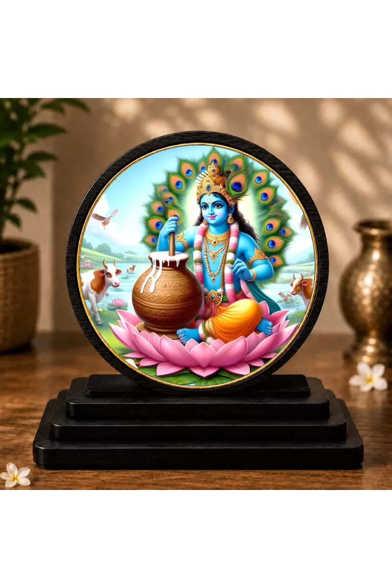 Premium Wooden  Lord Krishna Showpiece For Car Dashboard & Office Table | 4 X 4.5 Inch Sublimation Printed Decorative Stand | 4 Mm MDF | Home Decor | Made In India (F33286)