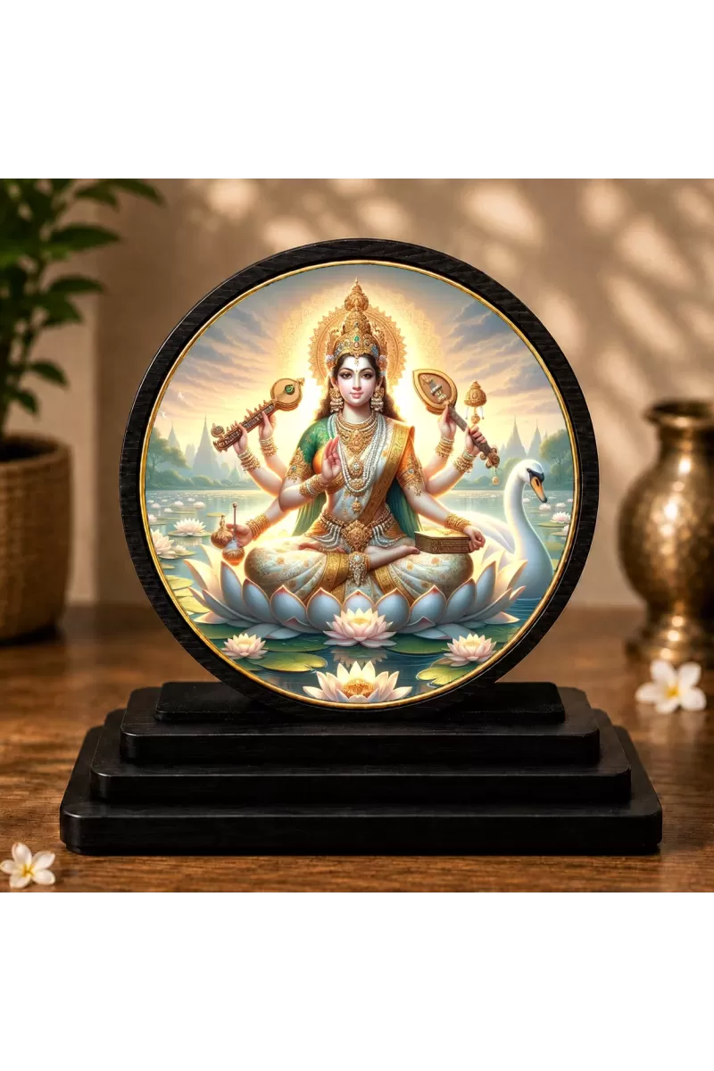 Premium Wooden  Goddess Saraswati Showpiece For Car Dashboard & Office Table | 4 X 4.5 Inch Sublimation Printed Decorative Stand | 4 Mm MDF | Home Decor | Made In India (F33287)