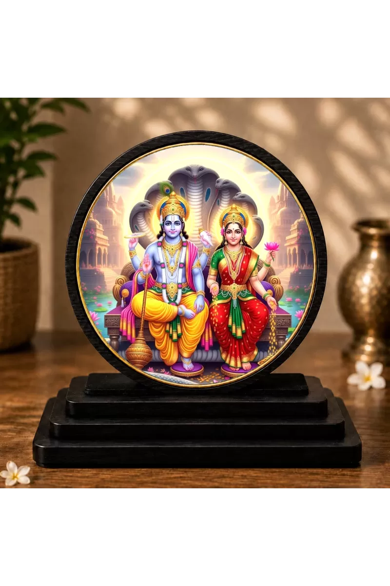 Premium Wooden Lord Vishnu And Goddess Lakshmi Showpiece For Car Dashboard & Office Table | 4 X 4.5 Inch Sublimation Printed Decorative Stand | 4 Mm MDF | Home Decor | Made In India (F33288)