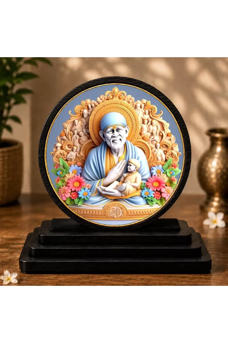 Premium Wooden Lord Sai Baba Ji Showpiece For Car Dashboard & Office Table | 4 X 4.5 Inch Sublimation Printed Decorative Stand | 4 Mm MDF | Home Decor | Made In India (F33289)