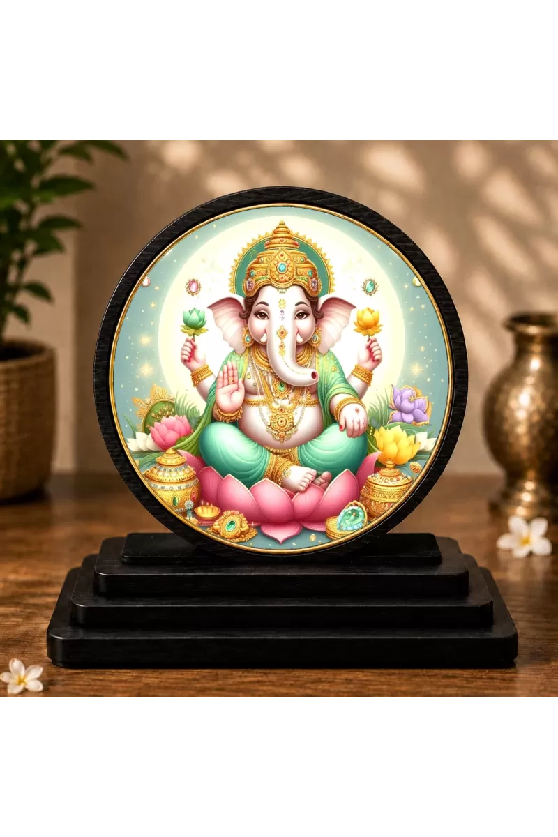 Premium Wooden Lord Ganesha Showpiece For Car Dashboard & Office Table | 4 X 4.5 Inch Sublimation Printed Decorative Stand | 4 Mm MDF | Home Decor | Made In India (F33290)