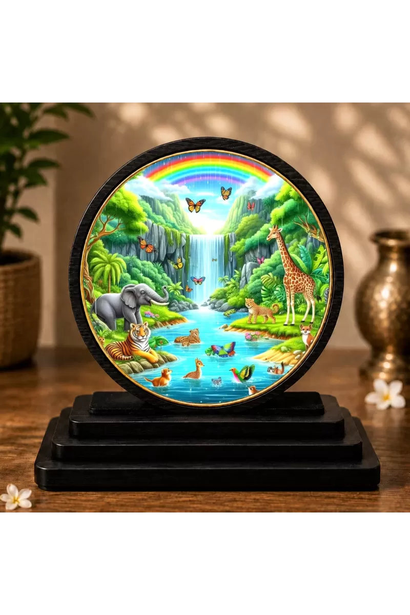 Premium Wooden Vibrant Jungle Scene Showpiece For Car Dashboard & Office Table | 4 X 4.5 Inch Sublimation Printed Decorative Stand | 4 Mm MDF | Home Decor | Made In India (F33291)