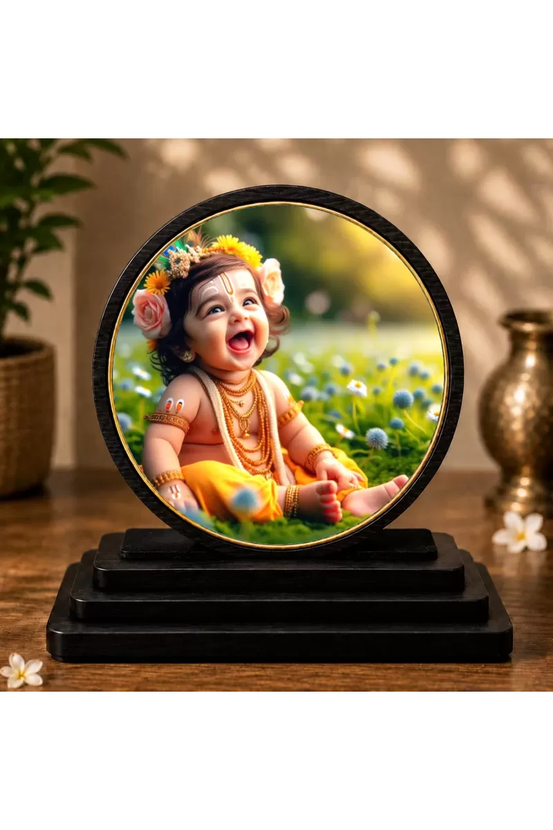 Premium Wooden Lord Krishna Showpiece For Car Dashboard & Office Table | 4 X 4.5 Inch Sublimation Printed Decorative Stand | 4 Mm MDF | Home Decor | Made In India (F33294)