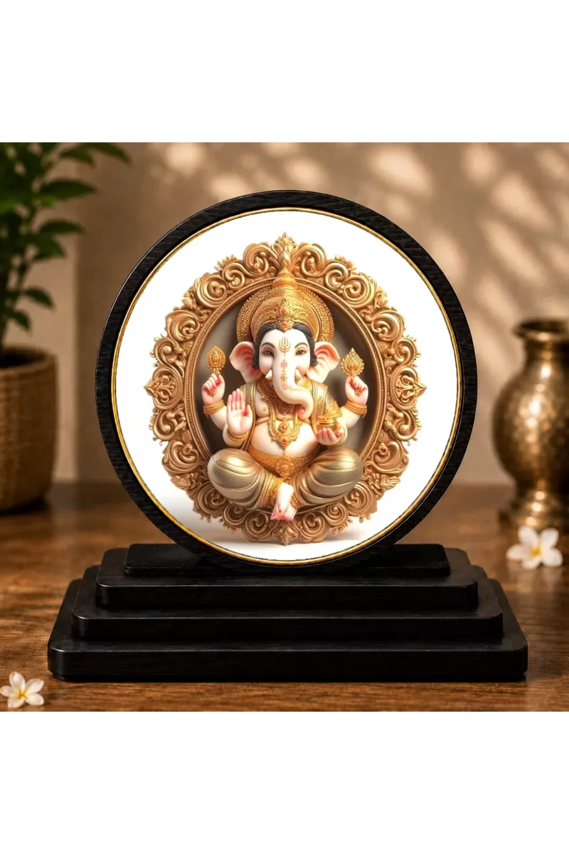 Premium Wooden  Lord Ganesha Showpiece For Car Dashboard & Office Table | 4 X 4.5 Inch Sublimation Printed Decorative Stand | 4 Mm MDF | Home Decor | Made In India (F33295)