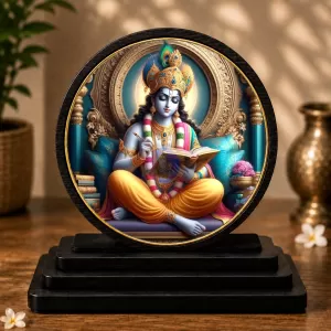 Premium Wooden Lord Krishna Showpiece For Car Dashboard & Office Table | 4 X 4.5 Inch Sublimation Printed Decorative Stand | 4 Mm MDF | Home Decor | Made In India (F33296)