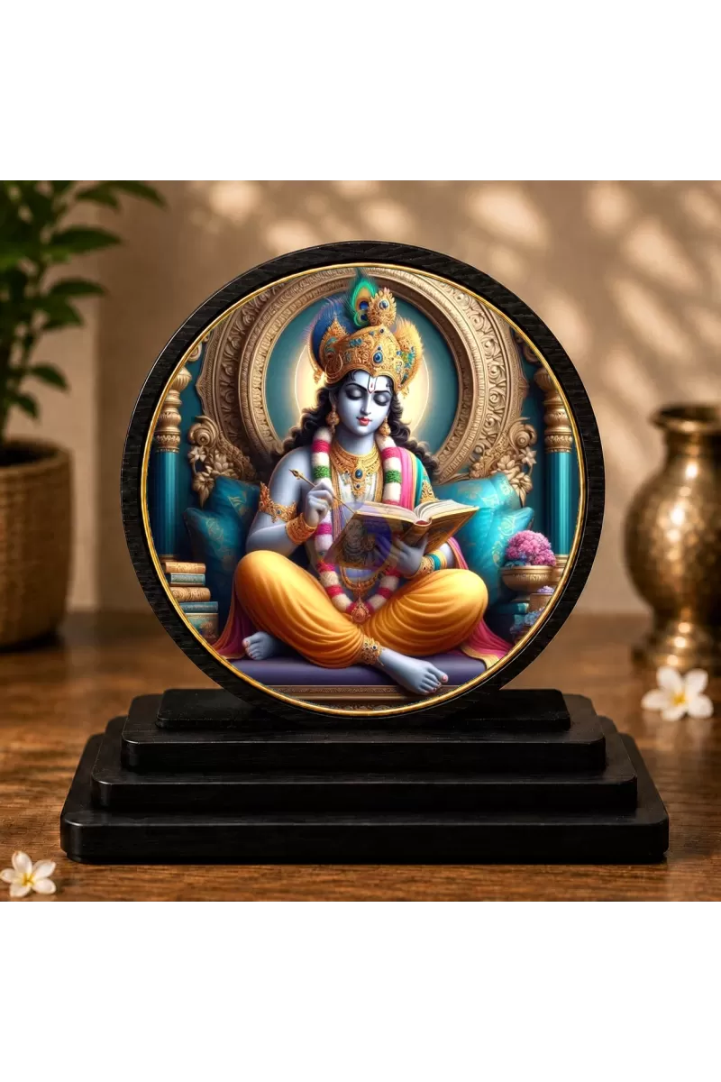 Premium Wooden Lord Krishna Showpiece For Car Dashboard & Office Table | 4 X 4.5 Inch Sublimation Printed Decorative Stand | 4 Mm MDF | Home Decor | Made In India (F33296)
