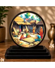Premium Wooden  Indian Village Scene Showpiece For Car Dashboard & Office Table | 4 X 4.5 Inch Sublimation Printed Decorative Stand | 4 Mm MDF | Home Decor | Made In India (F33298)