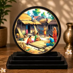 Premium Wooden  Indian Village Scene Showpiece For Car Dashboard & Office Table | 4 X 4.5 Inch Sublimation Printed Decorative Stand | 4 Mm MDF | Home Decor | Made In India (F33298)