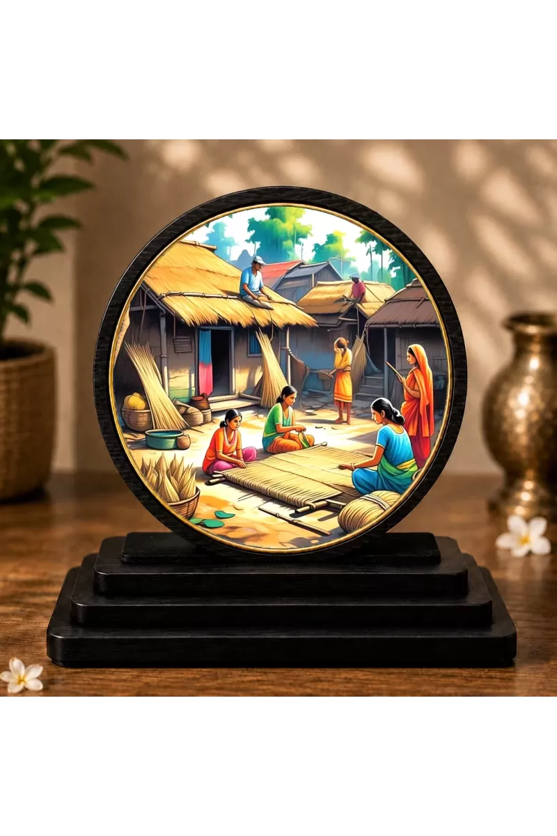 Premium Wooden  Indian Village Scene Showpiece For Car Dashboard & Office Table | 4 X 4.5 Inch Sublimation Printed Decorative Stand | 4 Mm MDF | Home Decor | Made In India (F33298)