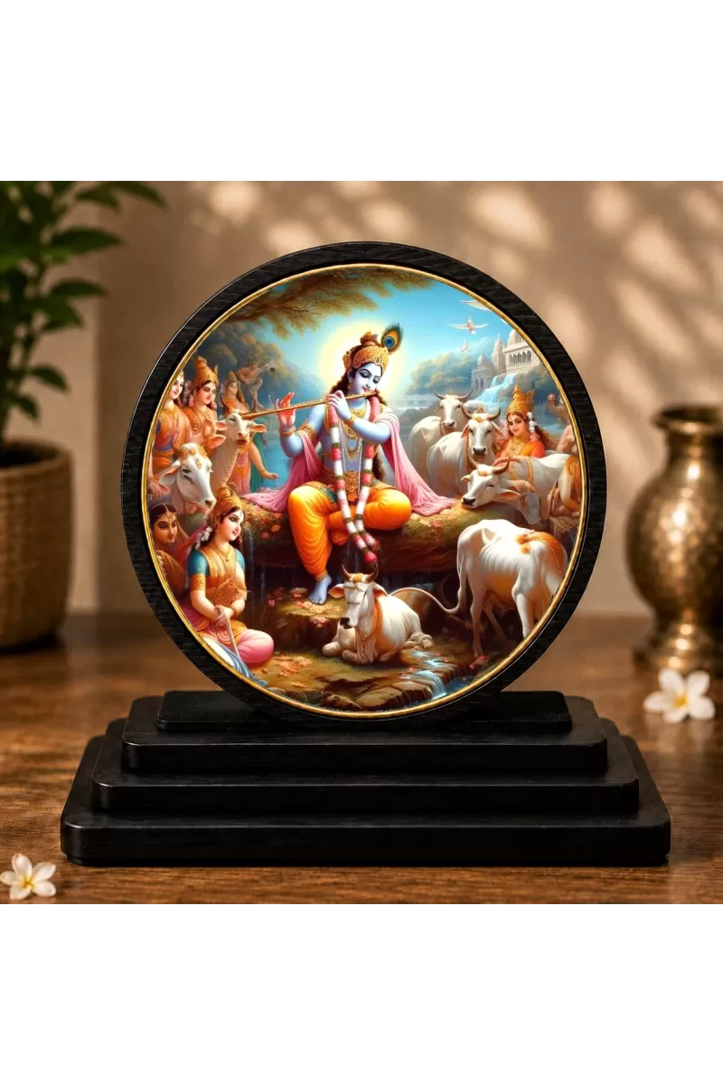 Premium Wooden  Radha Krishna Showpiece For Car Dashboard & Office Table | 4 X 4.5 Inch Sublimation Printed Decorative Stand | 4 Mm MDF | Home Decor | Made In India (F33300)