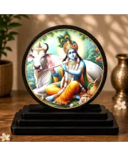 Premium Wooden Lord Krishna Showpiece For Car Dashboard & Office Table | 4 X 4.5 Inch Sublimation Printed Decorative Stand | 4 Mm MDF | Home Decor | Made In India (F33304)