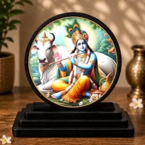 Premium Wooden Lord Krishna Showpiece For Car Dashboard & Office Table | 4 X 4.5 Inch Sublimation Printed Decorative Stand | 4 Mm MDF | Home Decor | Made In India (F33304)