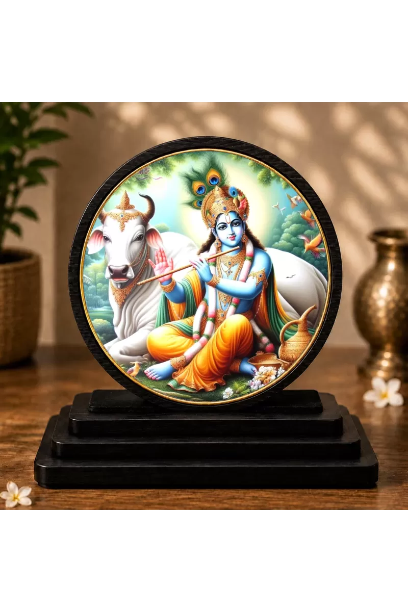 Premium Wooden Lord Krishna Showpiece For Car Dashboard & Office Table | 4 X 4.5 Inch Sublimation Printed Decorative Stand | 4 Mm MDF | Home Decor | Made In India (F33304)
