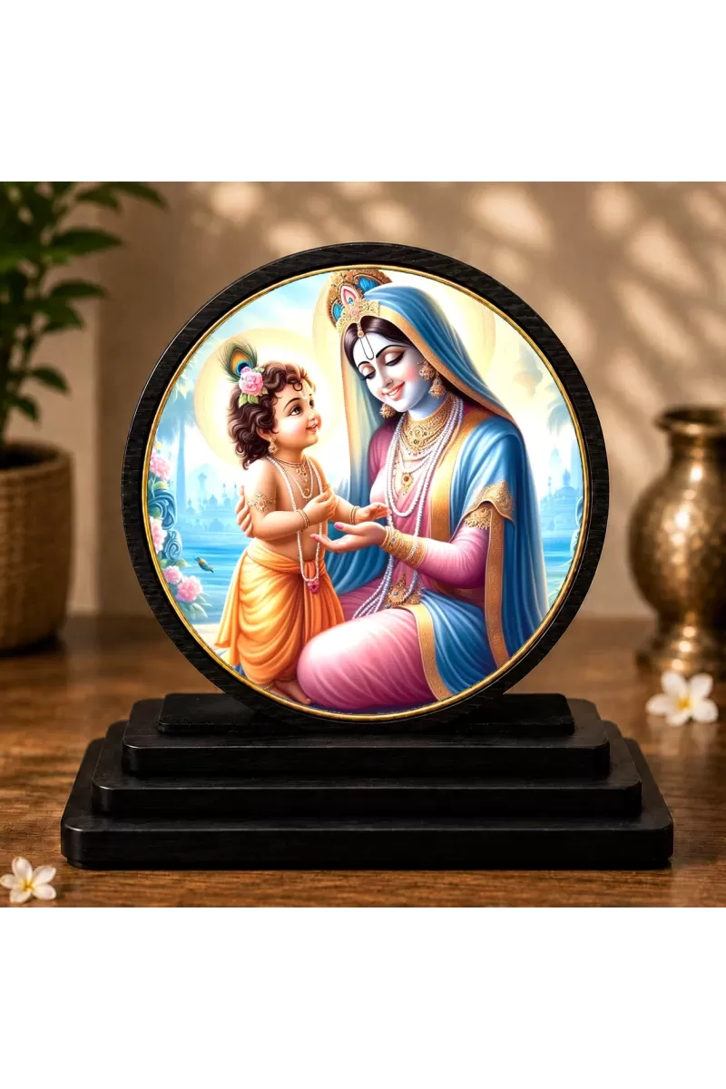 Premium Wooden Yashoda Maiya & Bal Krishna Showpiece For Car Dashboard & Office Table | 4 X 4.5 Inch Sublimation Printed Decorative Stand | 4 Mm MDF | Home Decor | Made In India (F33305)