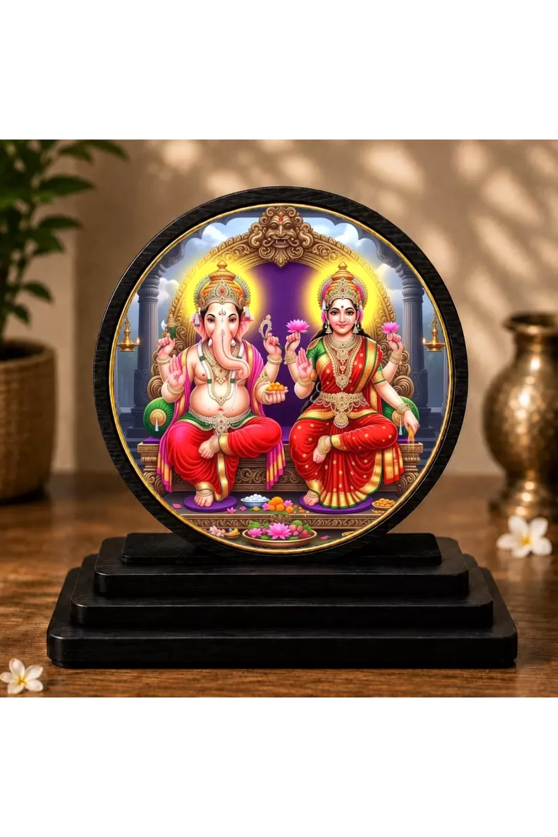 Premium Wooden Shri Laxmi Ganesh Showpiece For Car Dashboard & Office Table | 4 X 4.5 Inch Sublimation Printed Decorative Stand | 4 Mm MDF | Home Decor | Made In India (F33306)