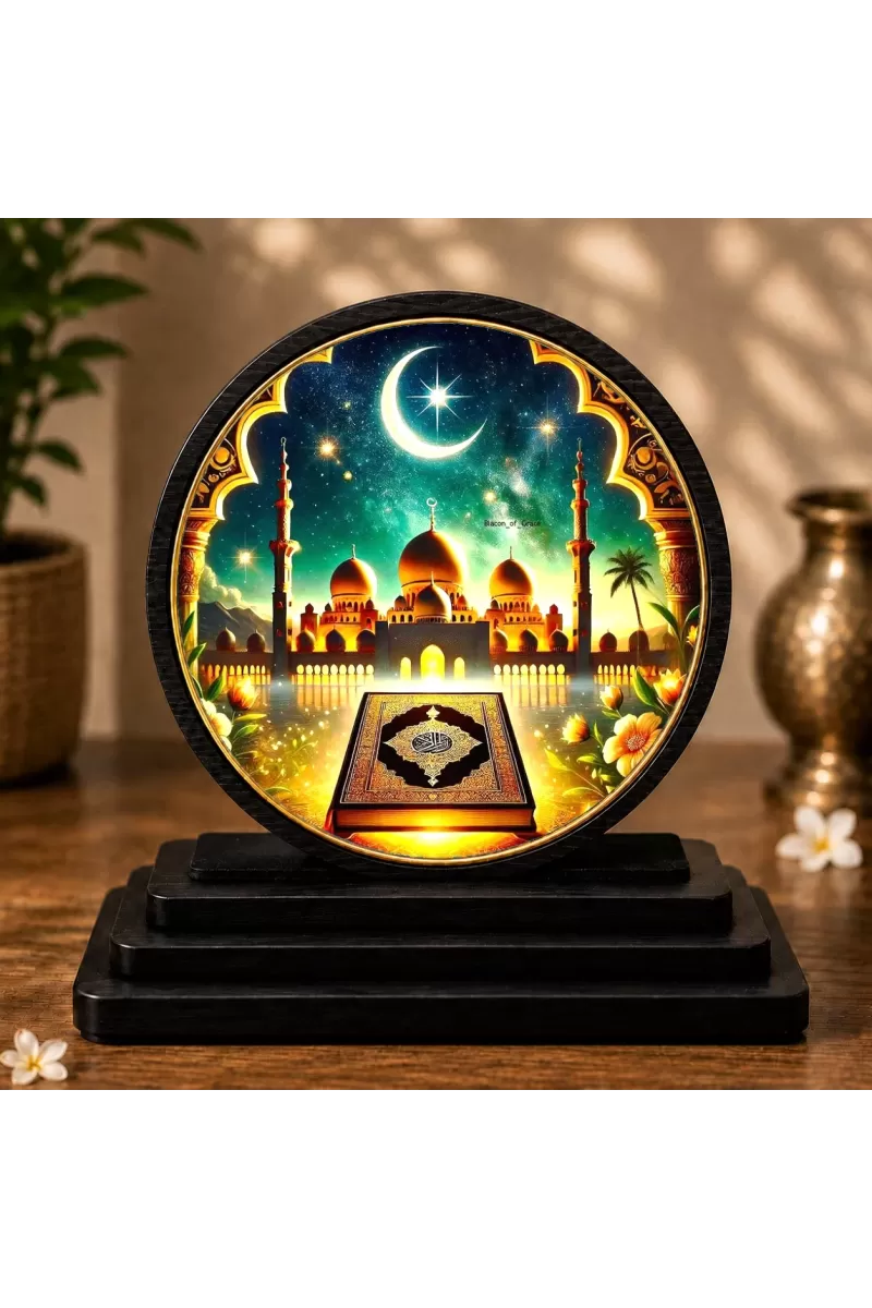 Premium Wooden  Ramadan Night Showpiece For Car Dashboard & Office Table | 4 X 4.5 Inch Sublimation Printed Decorative Stand | 4 Mm MDF | Home Decor | Made In India (F33307)