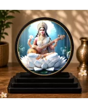 Premium Wooden Goddess Saraswati Showpiece For Car Dashboard & Office Table | 4 X 4.5 Inch Sublimation Printed Decorative Stand | 4 Mm MDF | Home Decor | Made In India (F33308)