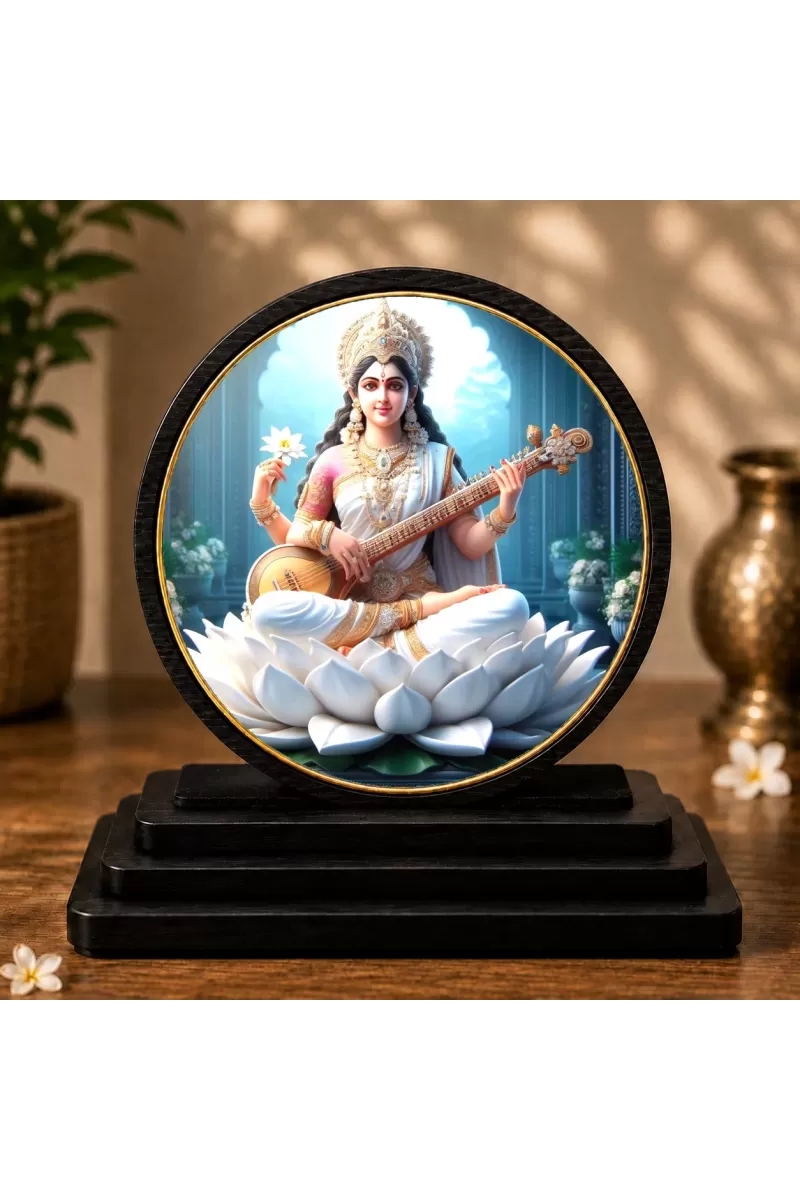 Premium Wooden Goddess Saraswati Showpiece For Car Dashboard & Office Table | 4 X 4.5 Inch Sublimation Printed Decorative Stand | 4 Mm MDF | Home Decor | Made In India (F33308)
