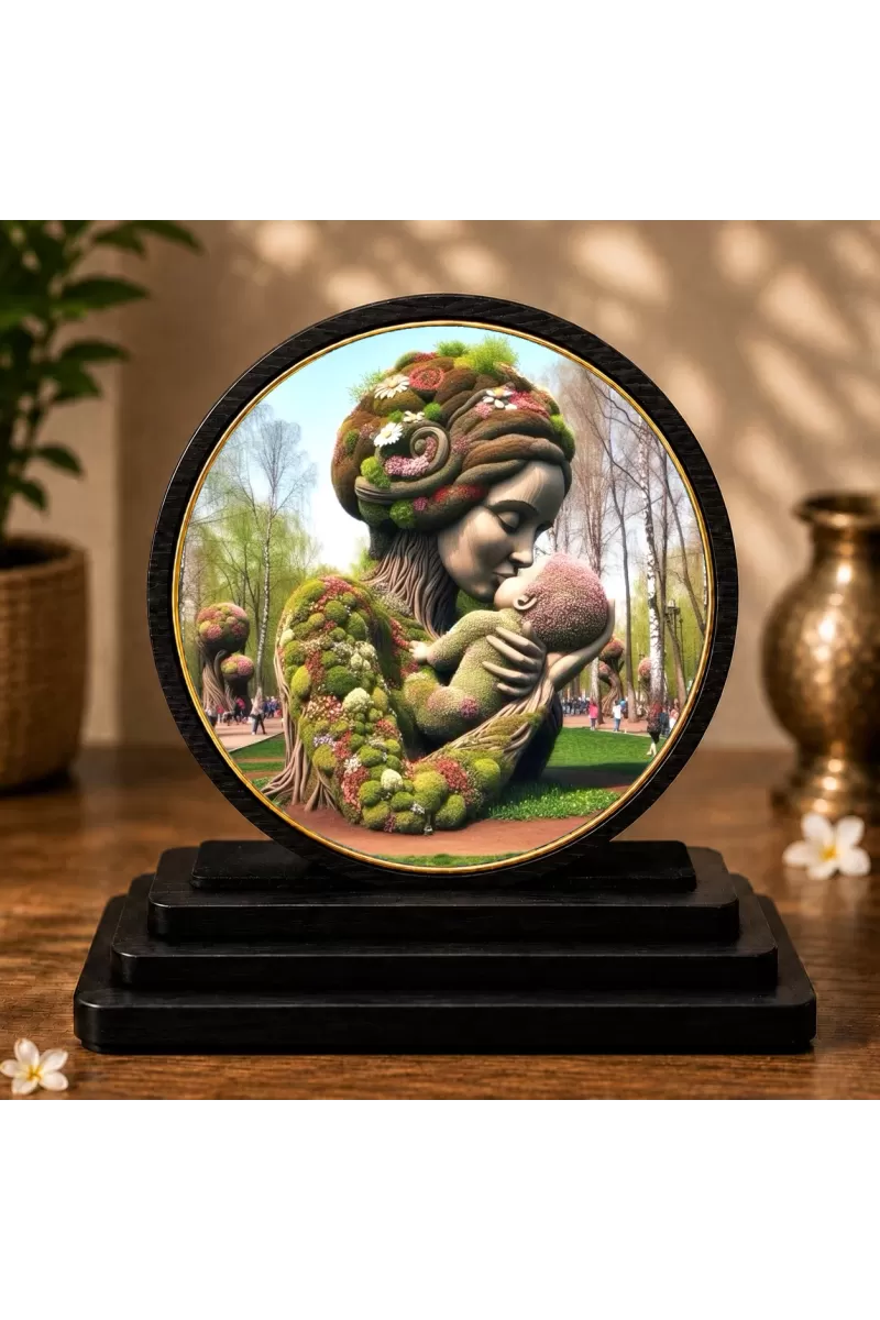 Premium Wooden Mother Nature Kissing Nature Child Showpiece For Car Dashboard & Office Table | 4 X 4.5 Inch Sublimation Printed Decorative Stand | 4 Mm MDF | Home Decor | Made In India (F33310)
