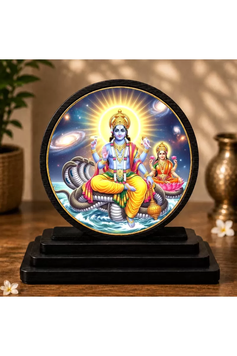 Premium Wooden Lord Vishnu & Goddess Laxmi Showpiece For Car Dashboard & Office Table | 4 X 4.5 Inch Sublimation Printed Decorative Stand | 4 Mm MDF | Home Decor | Made In India (F33311)