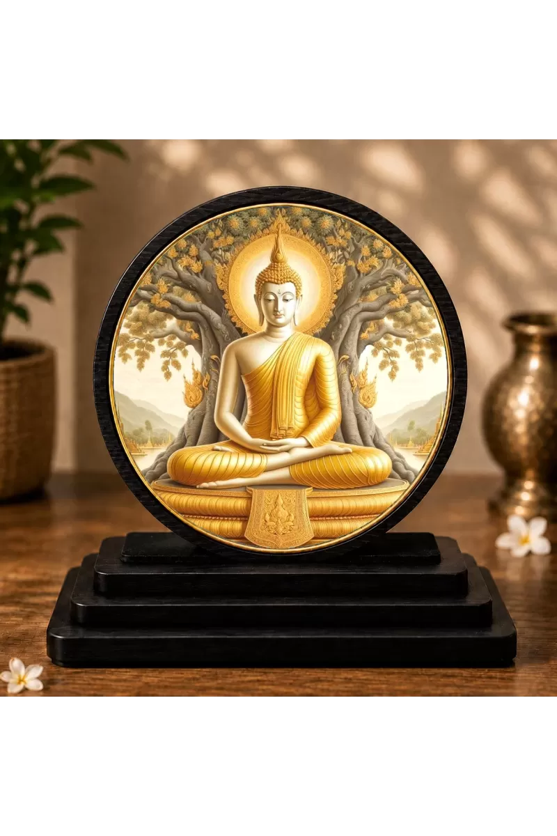 Premium Wooden Gautam Buddha Showpiece For Car Dashboard & Office Table | 4 X 4.5 Inch Sublimation Printed Decorative Stand | 4 Mm MDF | Home Decor | Made In India (F33312)