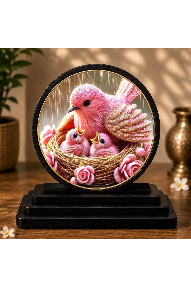 Premium Wooden Pink Bird Nest Showpiece For Car Dashboard & Office Table | 4 X 4.5 Inch Sublimation Printed Decorative Stand | 4 Mm MDF | Home Decor | Made In India (F33313)
