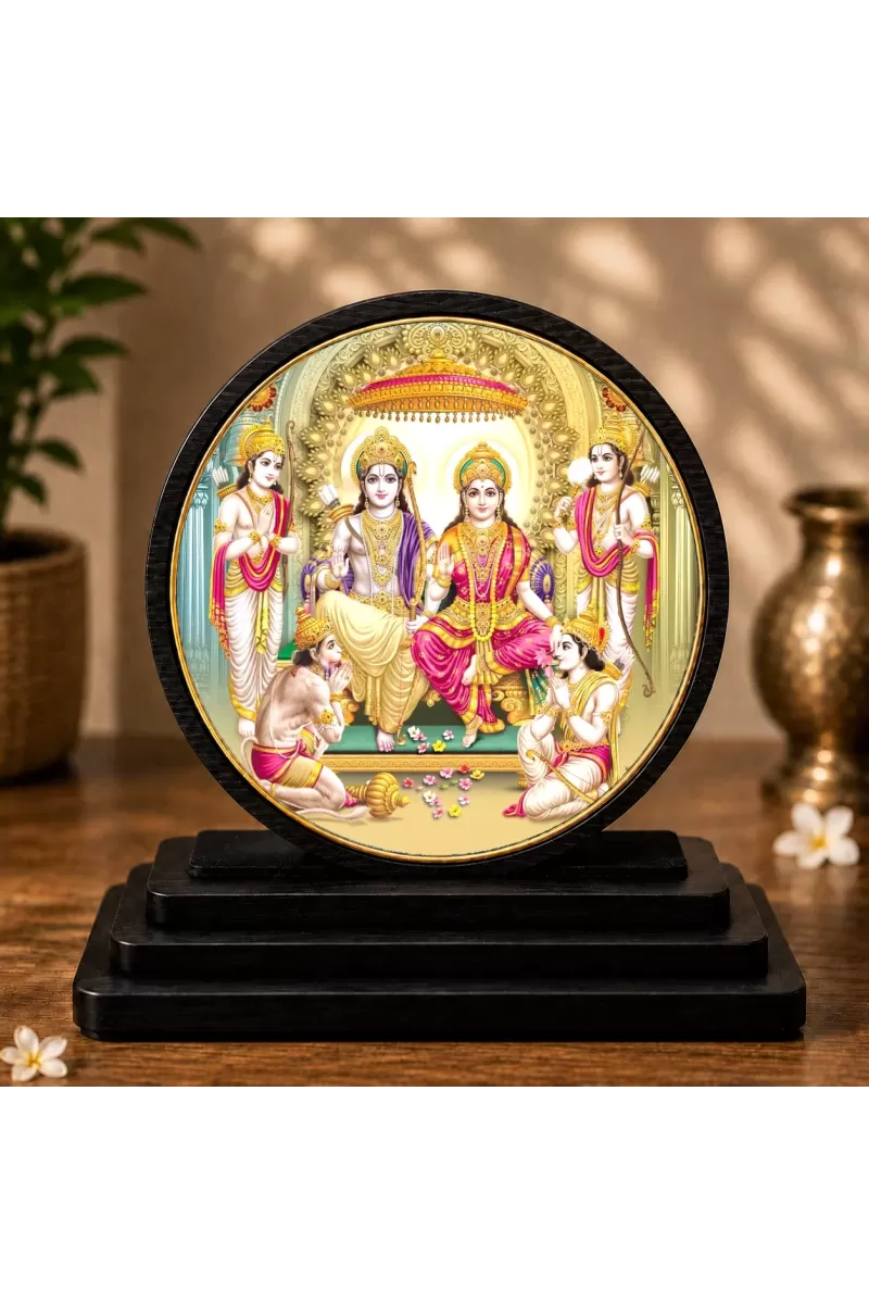 Premium Wooden  Lord Ram Darbar  Showpiece For Car Dashboard & Office Table | 4 X 4.5 Inch Sublimation Printed Decorative Stand | 4 Mm MDF | Home Decor | Made In India (F33314)