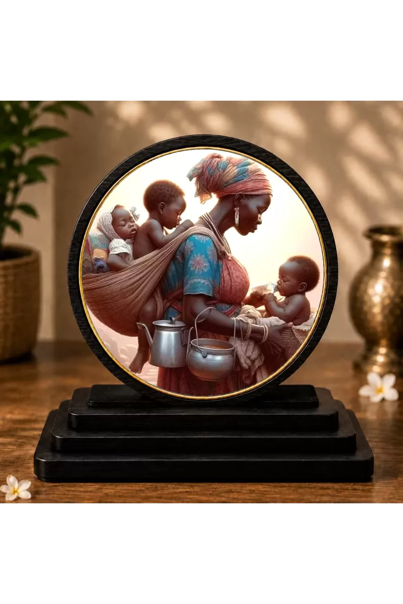 Premium Wooden  Woman Carrying Two Children Showpiece For Car Dashboard & Office Table | 4 X 4.5 Inch Sublimation Printed Decorative Stand | 4 Mm MDF | Home Decor | Made In India (F33315)