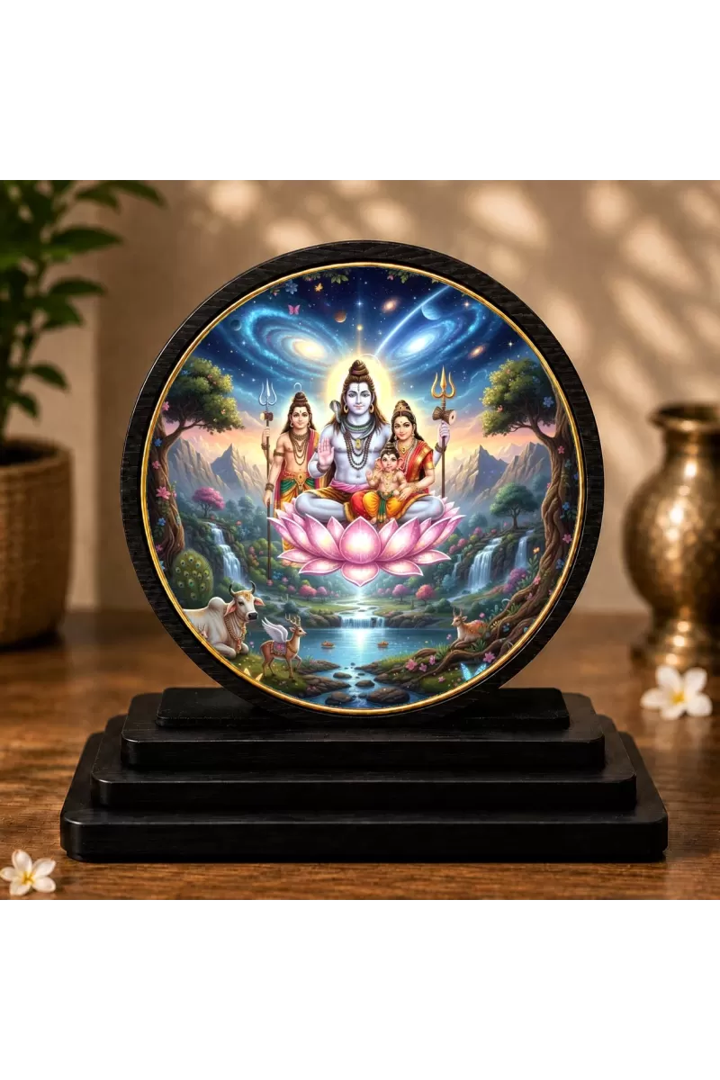 Premium Wooden  Lord Shiva And His Family Showpiece For Car Dashboard & Office Table | 4 X 4.5 Inch Sublimation Printed Decorative Stand | 4 Mm MDF | Home Decor | Made In India (F33316)