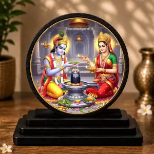 Premium Wooden Radha Krishna Showpiece For Car Dashboard & Office Table | 4 X 4.5 Inch Sublimation Printed Decorative Stand | 4 Mm MDF | Home Decor | Made In India (F33317)