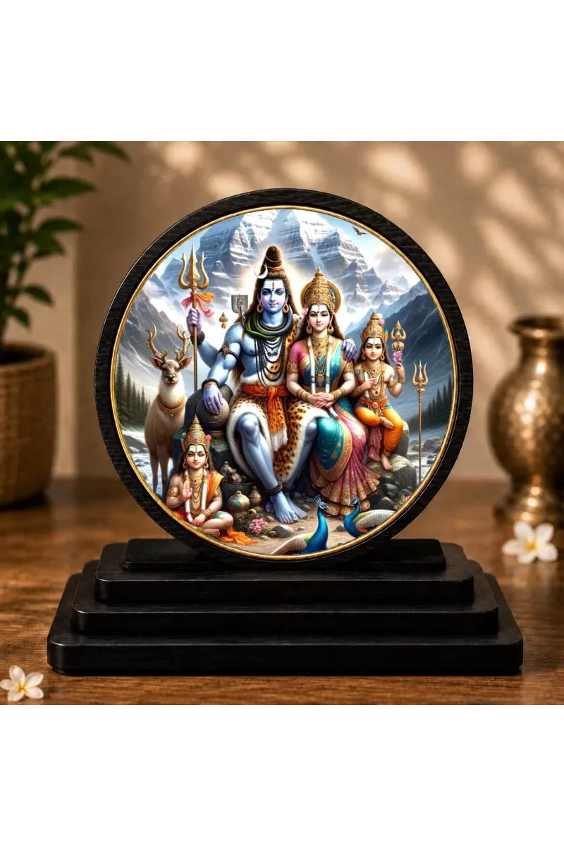 Premium Wooden Lord Shiva, Parvati, And Ganesh Showpiece For Car Dashboard & Office Table | 4 X 4.5 Inch Sublimation Printed Decorative Stand | 4 Mm MDF | Home Decor | Made In India (F33322)