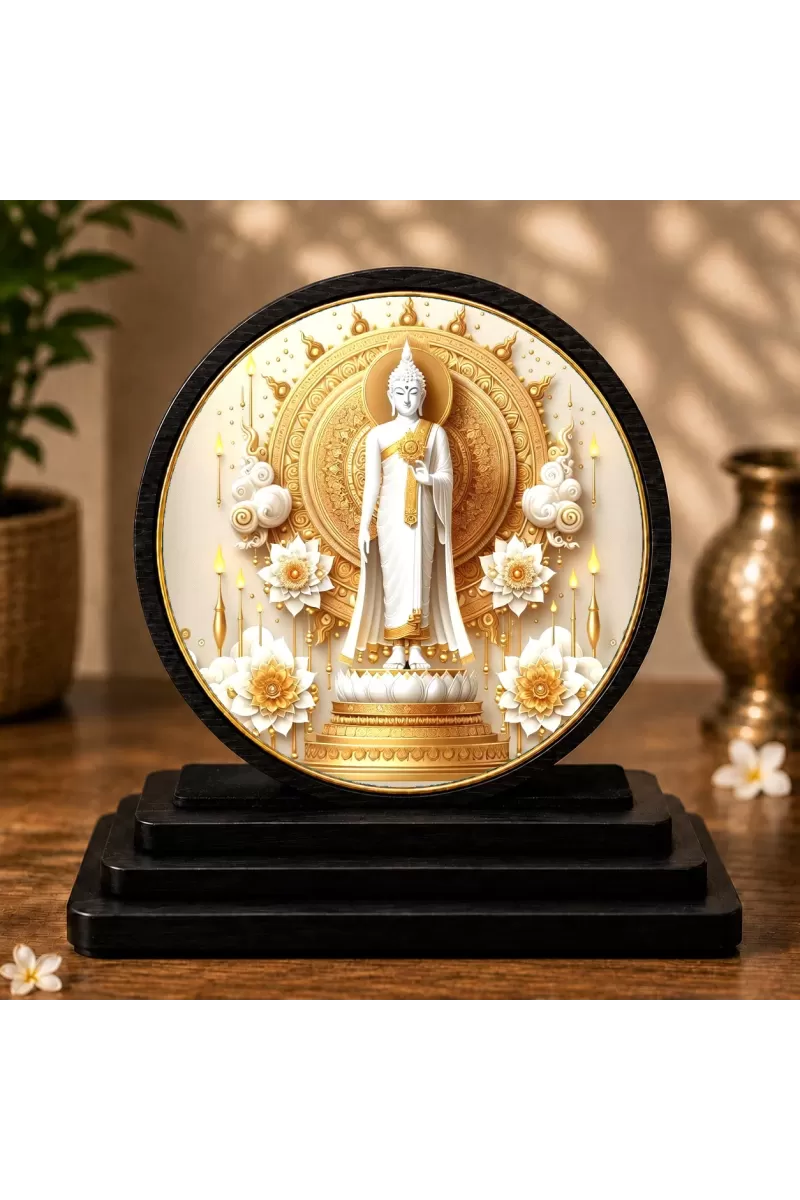 Premium Wooden Gautam Buddha Showpiece For Car Dashboard & Office Table | 4 X 4.5 Inch Sublimation Printed Decorative Stand | 4 Mm MDF | Home Decor | Made In India (F33325)