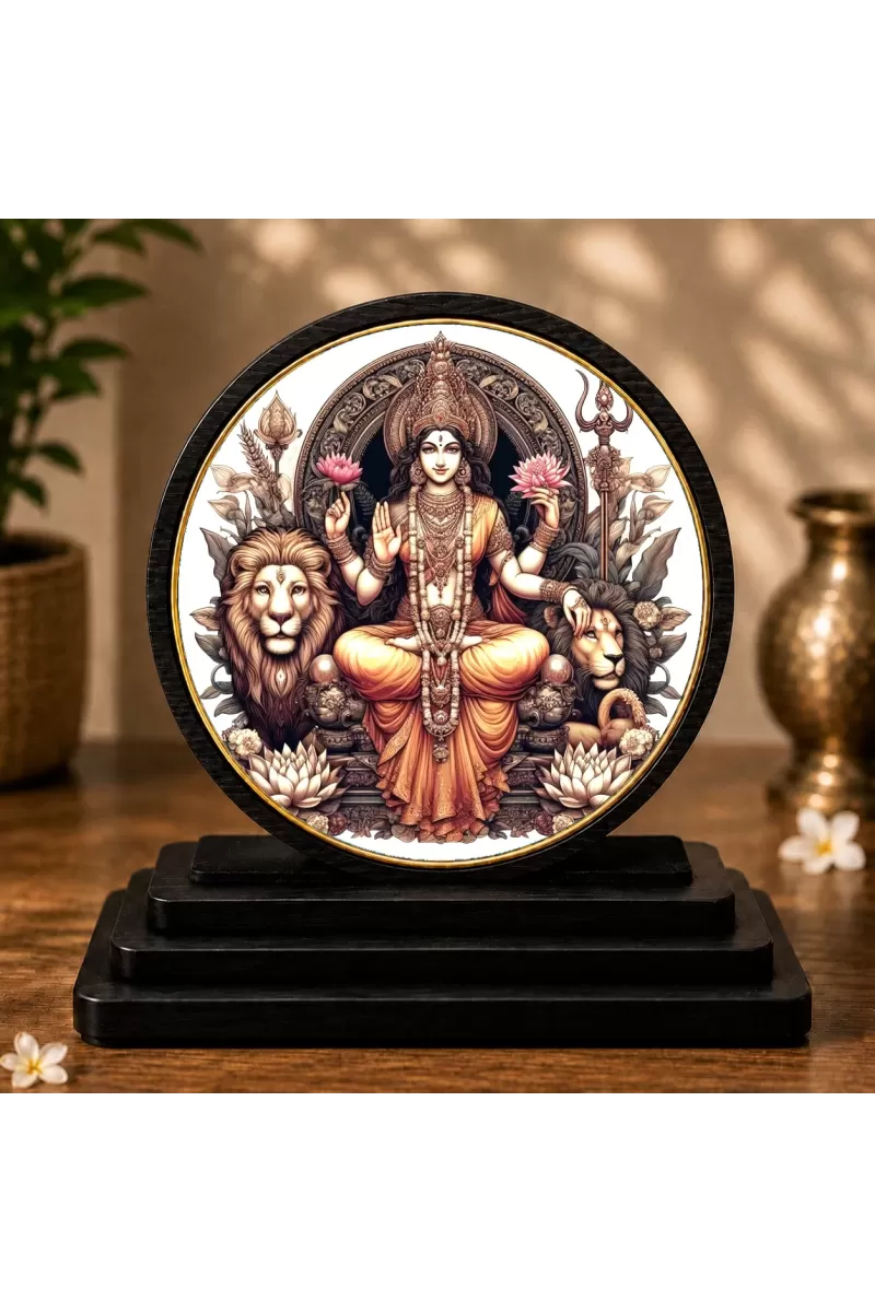 Premium Wooden Devi Durga Showpiece For Car Dashboard & Office Table | 4 X 4.5 Inch Sublimation Printed Decorative Stand | 4 Mm MDF | Home Decor | Made In India (F33327)