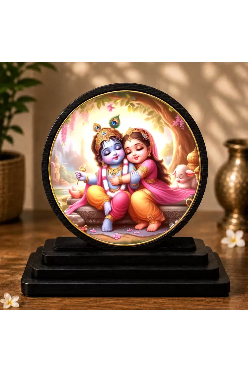 Premium Wooden  Radha Krishna Showpiece For Car Dashboard & Office Table | 4 X 4.5 Inch Sublimation Printed Decorative Stand | 4 Mm MDF | Home Decor | Made In India (F33328)