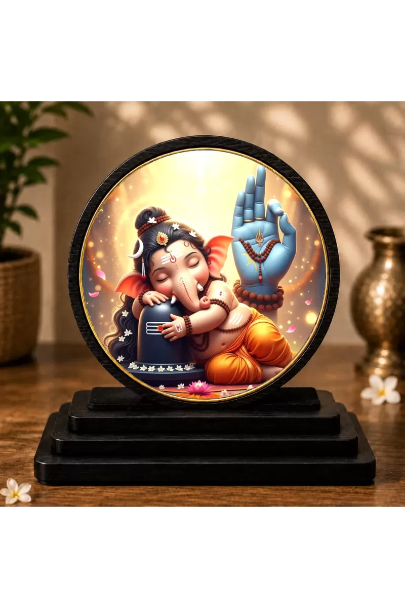 Premium Wooden Little Ganesha & Lord Shiva Showpiece For Car Dashboard & Office Table | 4 X 4.5 Inch Sublimation Printed Decorative Stand | 4 Mm MDF | Home Decor | Made In India (F33329)