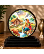 Premium Wooden  Rajasthani Village Scene  Showpiece For Car Dashboard & Office Table | 4 X 4.5 Inch Sublimation Printed Decorative Stand | 4 Mm MDF | Home Decor | Made In India (F33330)