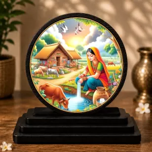 Premium Wooden  Rajasthani Village Scene  Showpiece For Car Dashboard & Office Table | 4 X 4.5 Inch Sublimation Printed Decorative Stand | 4 Mm MDF | Home Decor | Made In India (F33330)