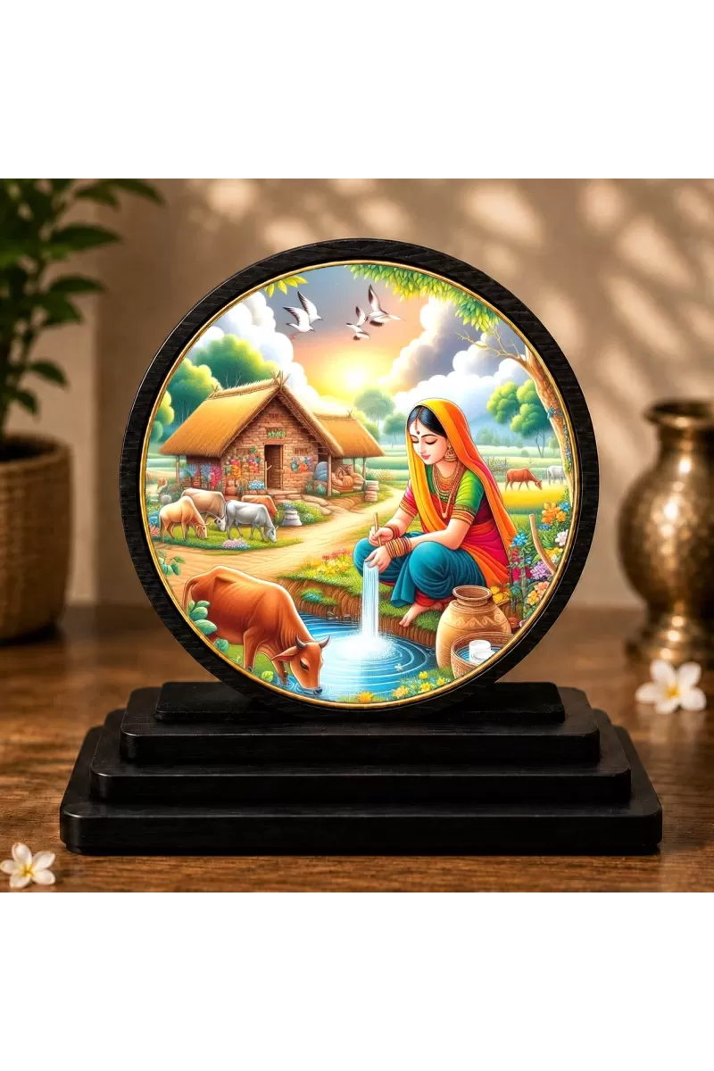 Premium Wooden  Rajasthani Village Scene  Showpiece For Car Dashboard & Office Table | 4 X 4.5 Inch Sublimation Printed Decorative Stand | 4 Mm MDF | Home Decor | Made In India (F33330)