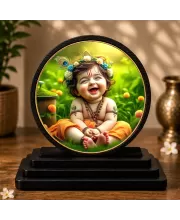 Premium Wooden Little Krishna Showpiece For Car Dashboard & Office Table | 4 X 4.5 Inch Sublimation Printed Decorative Stand | 4 Mm MDF | Home Decor | Made In India (F33331)