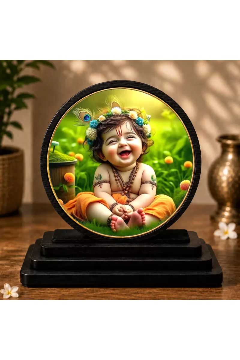 Premium Wooden Little Krishna Showpiece For Car Dashboard & Office Table | 4 X 4.5 Inch Sublimation Printed Decorative Stand | 4 Mm MDF | Home Decor | Made In India (F33331)