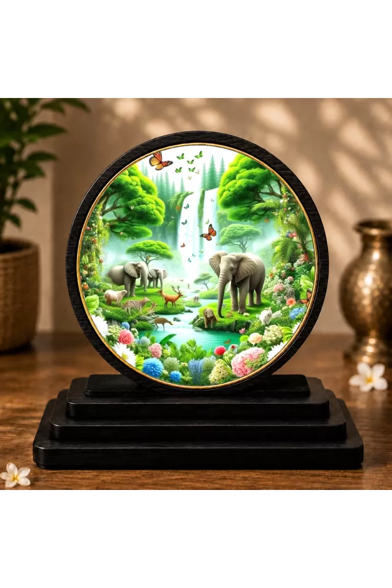 Premium Wooden Jungle Safari Scene Showpiece For Car Dashboard & Office Table | 4 X 4.5 Inch Sublimation Printed Decorative Stand | 4 Mm MDF | Home Decor | Made In India (F33332)