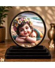 Premium Wooden Little Krishna Showpiece For Car Dashboard & Office Table | 4 X 4.5 Inch Sublimation Printed Decorative Stand | 4 Mm MDF | Home Decor | Made In India (F33333)