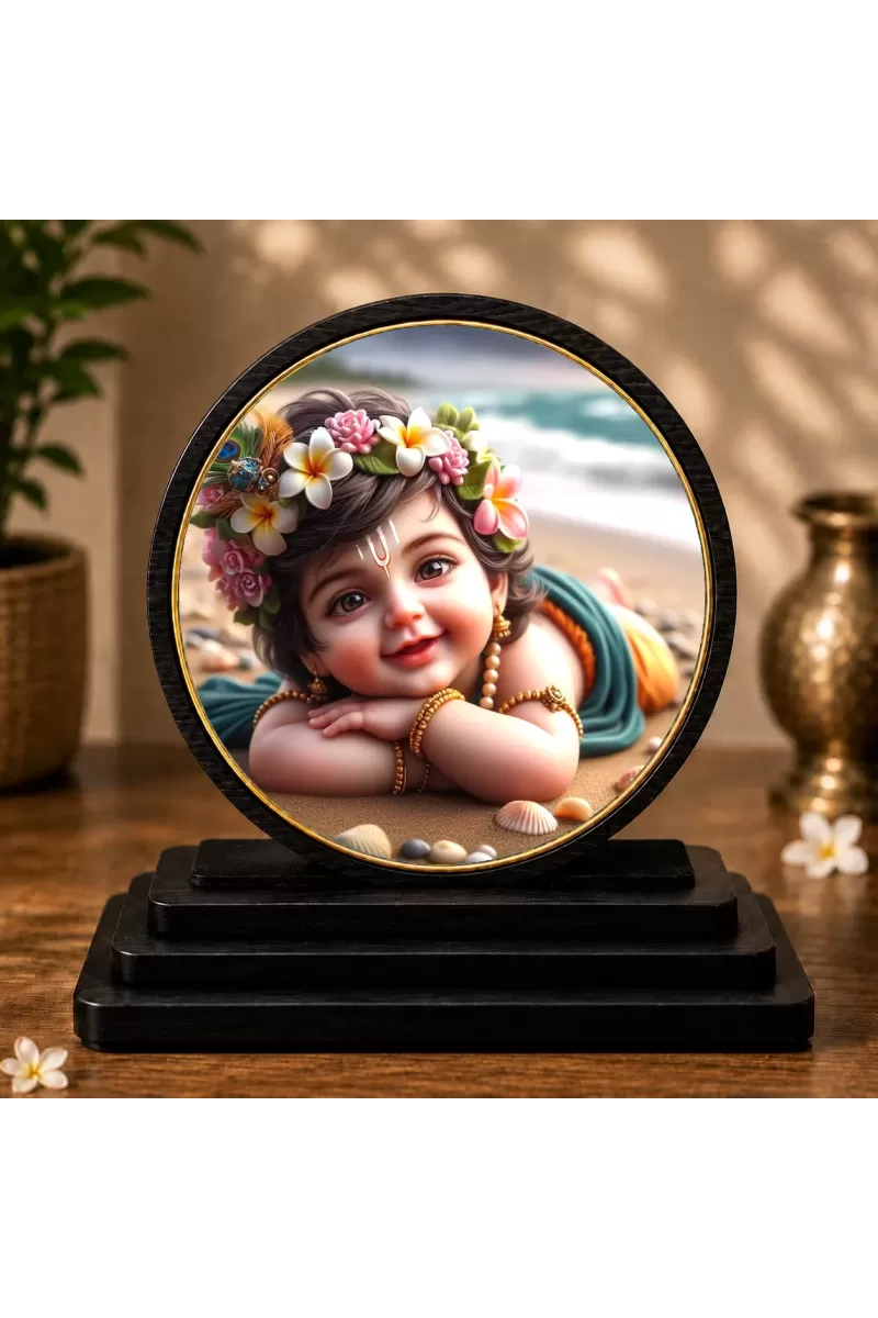 Premium Wooden Little Krishna Showpiece For Car Dashboard & Office Table | 4 X 4.5 Inch Sublimation Printed Decorative Stand | 4 Mm MDF | Home Decor | Made In India (F33333)