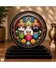 Premium Wooden  Sri Jagannath Balaram Subhadra Showpiece For Car Dashboard & Office Table | 4 X 4.5 Inch Sublimation Printed Decorative Stand | 4 Mm MDF | Home Decor | Made In India (F33334)